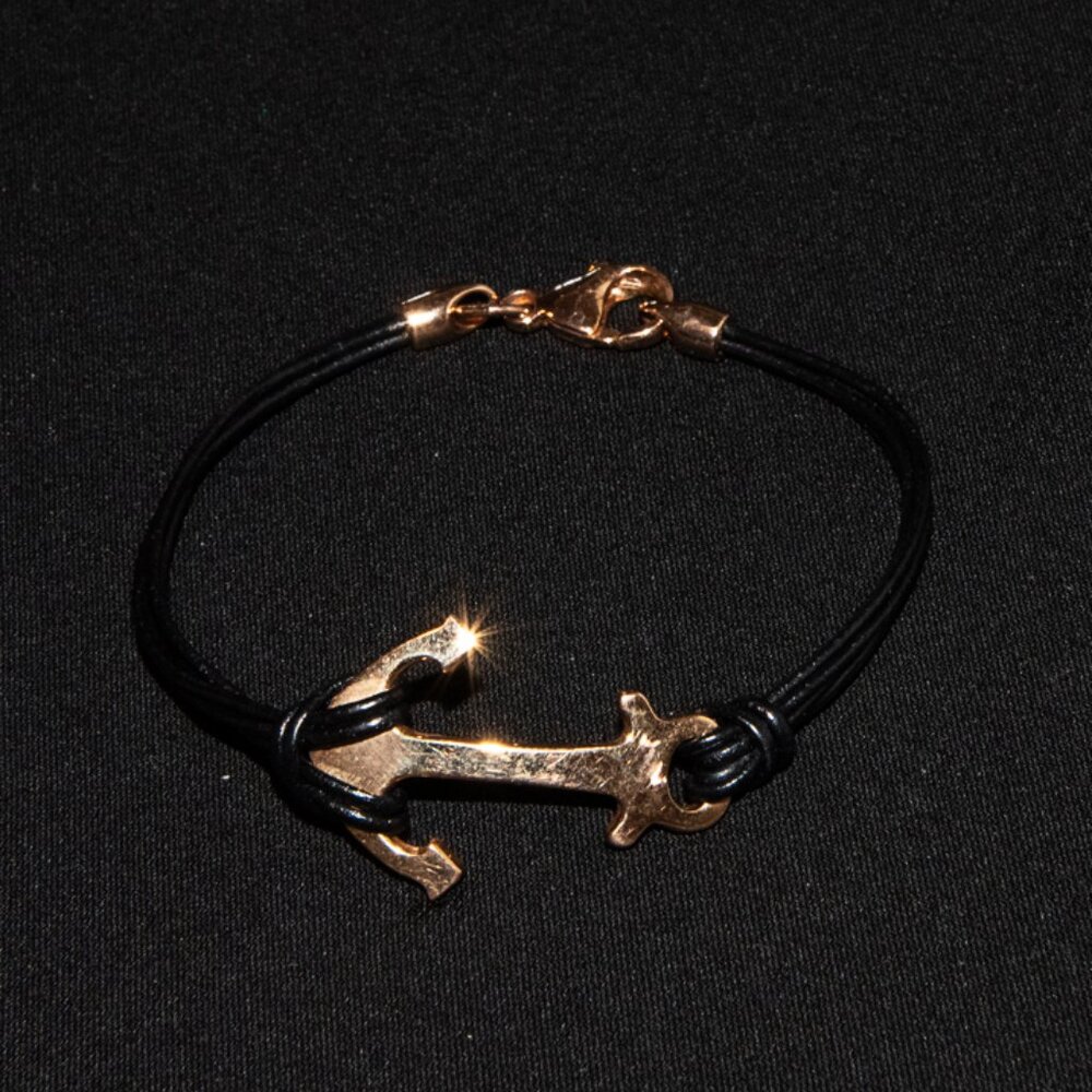 Bronze Anchor on Black Leather Bracelet 8"
